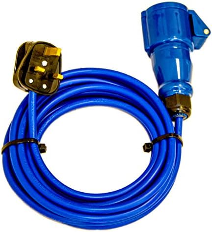 5m Fly Lead 13Amp UK Mains plug to IP44 blue 16a Camping, Caravan, Industrial style socket.