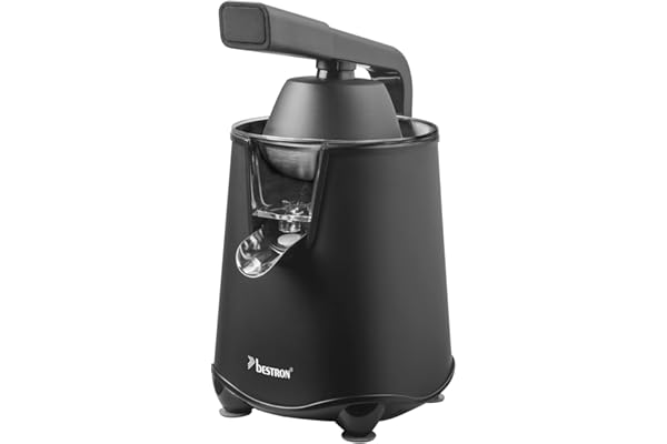 Bestron Presse-agrumes, électrique, avec fonction d'arrêt de sortie et passoire à pulpe en acier inoxydable, avec 2 cônes de pressage, capacité de 450 ml, levier Soft-Press pour une utilisation facile