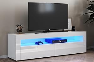 ‎SONNI SONNI TV Board Fernsehtisch Lowboard mit LED-Beleuchtung(12 Farben können eingestellt Werden) 155x40cm Weiß Hochglanz TV Schrank Fernsehschrank