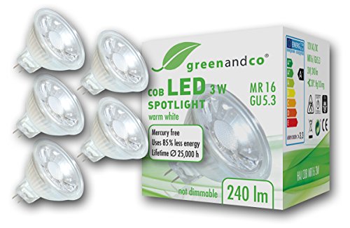 5 unidades de spots LED greenandco® MR16 GU5.3 3W (corresponde a 25W) 240lm 2700K (blanco cálido) COB LED 38° 12V AC/DC