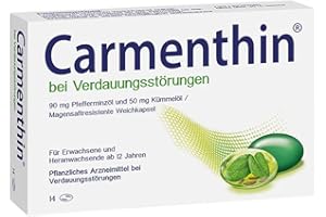 ‎CARMENTHIN Carmenthin bei Verdauungsstörungen | 14 Weichkapseln | pflanzliches Arzneimittel bei Blähungen, Völlegefühl & Schmerzen | mit Pfefferminzöl & Kümmelöl | beruhigt den gereizten Magen-Darm-Trakt