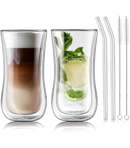 Latte Macchiato glazen, dubbelwandig, set van 2, 400 ml, thermoglazen, dubbelwandige koffieglazen met 2 lepels, glazen cappuccinokopjes, set van cappuccinoglazen van borosilicaatglas Latte Macchiato glazen, dubbelwandig, set van 2, 400 ml, thermoglazen, dubbelwandige koffieglazen met 2 lepels, glazen cappuccinokopjes, set van cappuccinoglazen van borosilicaatglas