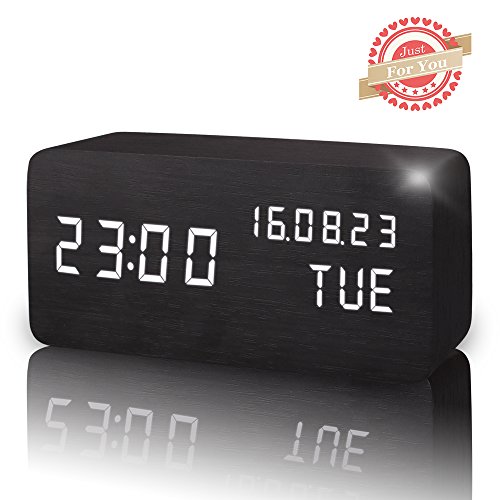 Leeron LED Digital Wecker, Zeigt Uhrzeit Datum Woche und Temperatur, Würfel Holz förmigen Sound Control-Schreibtisch-Wecker für Heim und Büro schwarz