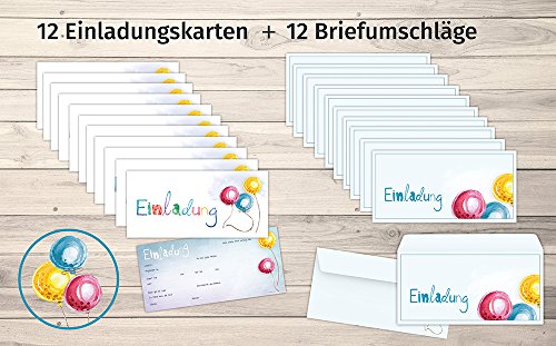 Set: 12 große Einladungskarten mit 12 Umschlägen zum Geburtstag, Kindergeburtstag oder sonstige Feier im freundlichen Ballon-Motiv - 3