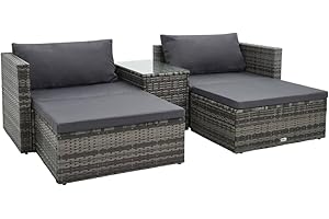 vidaXL Gartenmöbel 5-TLG. mit Auflagen Sitzgruppe Lounge Sofa Ottomane Hocker Gartensofa Ecksofa Gartenset Sitzgarnitur Poly Rattan Grau