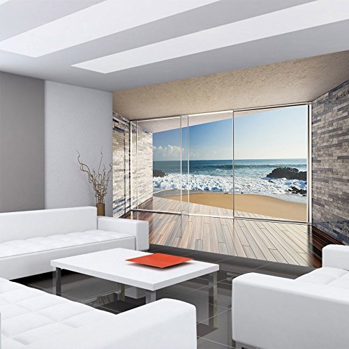 Vlies Fototapete PREMIUM PLUS Wand Foto Tapete Wand Bild Vliestapete – Terrasse Balkon Fenster Steinwand Strand Wellen Meer Himmel Wolken – no. 2429, Größe: 416 x 254cm Vlies - 4