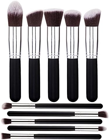 BYBO® 10 Pcs Professional Make up Brush Set Face Foundation Blusher Cosmetic Contour Lip Eye Eyebrow Cheek Liquid Cream Powder Applying Tool Kit (Black Silver)