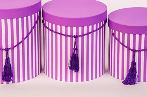 Set of 3 Round Storage Boxes with Lid (Stripe in Purple with Cord and Tassel Hat Box, Storage Box with Stripes, Round Box - VIOLETT - LILA