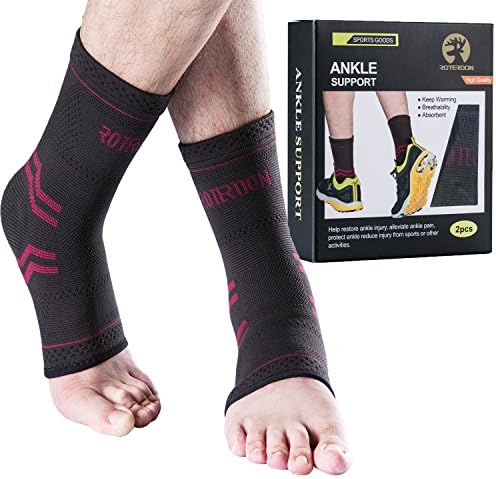 Ankle Brace Compression Support Sleeve for Injury Recovery, Joint Pain Sport Activity Etc. Plantar Fasciitis Foot Socks with Arch Support, Eases Swelling, Heel Spurs, Achilles Tendon Roterdon (Red Black, Large)