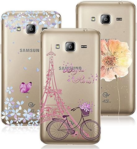 VertTek 3X Cases Samsung Galaxy J3 Case 2016/2015, Samsung J3 Case Silicone Soft TPU Case Gel Rubber Back Cover Crystal Transparent Lightweight Clear Cover Ultra Thin Extra Grip Anti Scratch Protective Case Flower Painting + Floral Butterfly + The Eiffel Tower