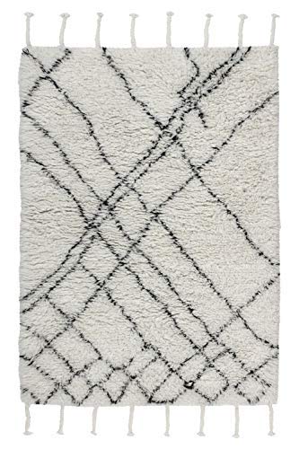 One Couture Alfombra 100% Lana Franzen Trenzas Bereber Pelo Alto Linias Beige Crema - Beige, 160cm x 230cm