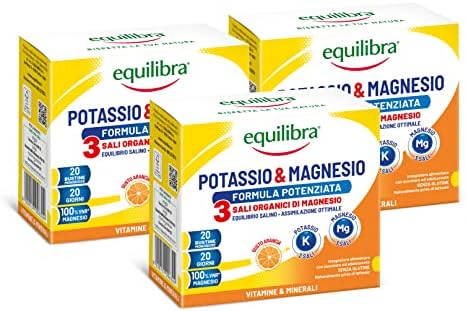 Equilibra Integratori Alimentari, Potassio e Magnesio 3 Formula Potenziata, Integratore Magnesio e Potassio per Reintegro Sali Minerali, Gusto Arancia, Senza Glutine e Lattosio, 3 Pezzi da 20 Bustine
