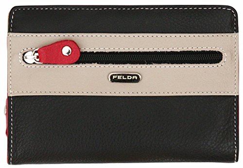 Felda - Damen Geldbörse mit 14 Fächern & RFID-Blocker - aus Echtleder - schmale Form - Schwarz Mehrfarbig
