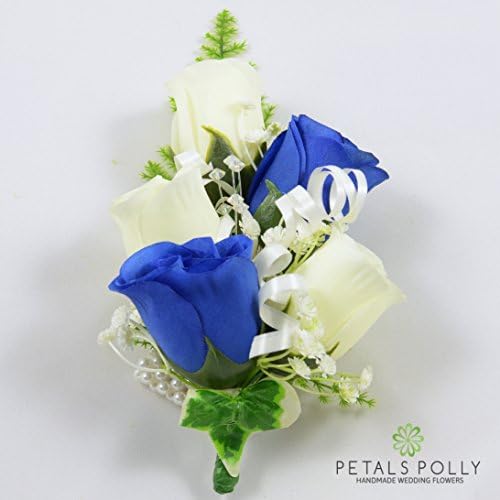 Artificial Wedding Flowers Hand-made by Petals Polly, SILK ROSE WRIST CORSAGE IN ROYAL BLUE/IVORY