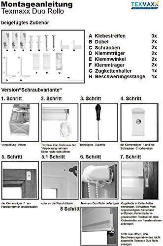 TEXMAXX Fensterrollo Duo-Rollo Sonnenschutz mit Kettenzug und Klemmfix ohne bohren in WEISS, Leisten in Weiss – 80 x 150 cm – inkl. Zubehör - 8