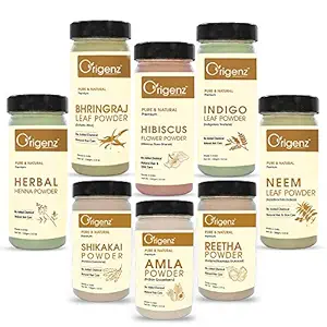 Origenz Premium Hair Care Combo(Herbal Henna + Indigo + Amla + Reetha + Shikakai + Bhringraj + Neem + Hibiscus Powder) 100gm, Pack of 8
