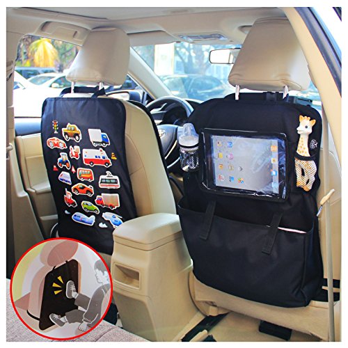 BAYTTER® Rücksitzschoner Rückenlehnenschutz + Rücksitz Organizer mit großer Kapazität, mit durchsichtigem iPad Tablet Fach, für Kinder Früherziehung wasserdicht, mit Mustern von „Wagen“, 60 x 45cm, passend für jedes Auto