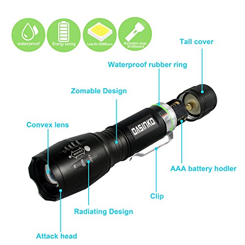 LED Taschenlampe CREE 1000 Lumen Superhelle T6 LED Handgerät Taschenlampe Tragbare Wasserdichte Taschenlampe im Freien mit Einstellbarem Fokus 5 Licht-Modus, 2 x Rechargeable 18650 Lithium Ion batteries included - 3