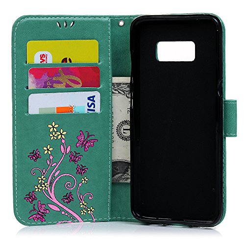 Lanveni Samsung Galaxy S8 Hülle, Handyhülle für Samsung Galaxy S8 Flip Case Cover PU Lederhülle Schutzhülle Magnetverschluss Ledertasche mit Stander Function Brieftasche Card Slot Handy Tasche mit Bunte Schmetterling Cover Design (Mintgrün)+ 1 x Stylus Pen + 1 x Staubdichte Stecker - 9