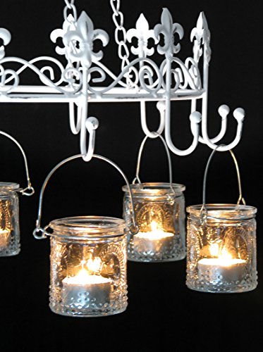 Windlicht, Gartenlaterne, Hängeleuchter, Kerzenhalter, Nostalgie-Kerzenleuchter „Lilie“, Metall Weiss gewischt im Shabby-Used-Look, Ø 36 cm und 6 Teelichthaltern. - 8
