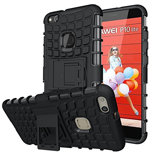 Funda para Huawei P10 Lite - Caso antichoque tapa de parachoques [Tpu] híbrido / ideal para su uso en exteriores / caja de doble capa con el soporte, Negro