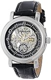 Akribos XXIV Herren Retro Automatische Skelett silberfarbenes Edelstahl schwarz Lederband Armbanduhr