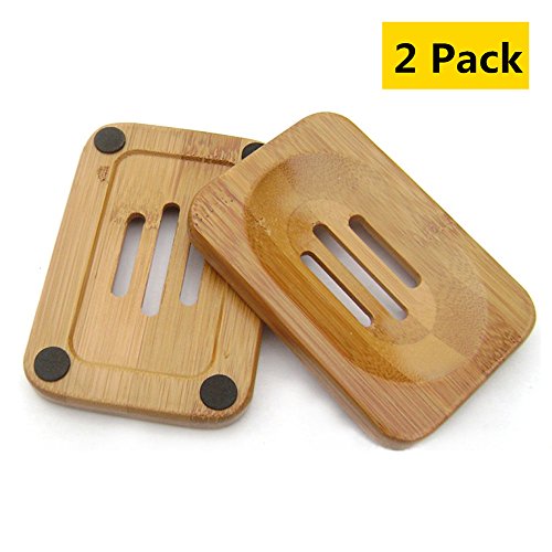 bestcatgift natur Bambus Seifenschale, Seife Aufbewahrung Halter für Badezimmer. Rechteck Seifenhalter mit Anti-Rutsch Pad. (2 Pack)