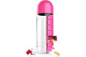 BAYINBROOK Pastillero 2 en 1, botella de agua portátil de 600 ml. para exteriores con pastillero, organizador de pastillas para 7 días, botella de agua para camping, gimnasio, escuela, oficina, viajes. (Rosa)