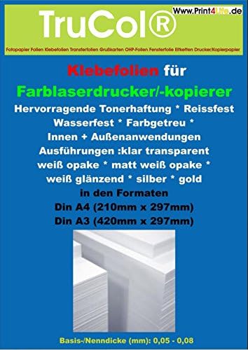 15 sheets of A4-sticky, rice resistant, clear film, for high-temperature color laser printer and copiers. Clear transparent self-adhesive films with silicone paper cover. Ideal for stickers, Signs, labels and posters. The film is tear resistant and for indoor and Outdoor use suitable. The toner image exhibits excellent toner adhesion and good Water and light resistance. The HT version is suitable for any device, even with high fixing temperature.