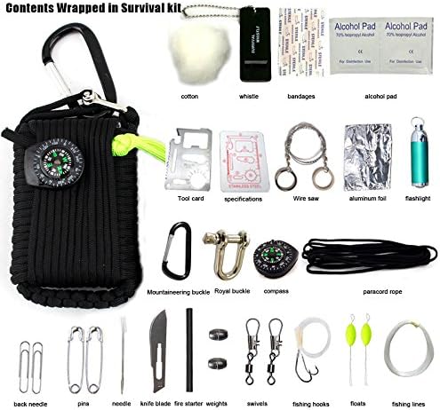 Emergency Survival Kit, 29 in 1 Paracord Mini First Aid Kits Whistle Fire Starter Baits Compass for Camping Hiking (Black)