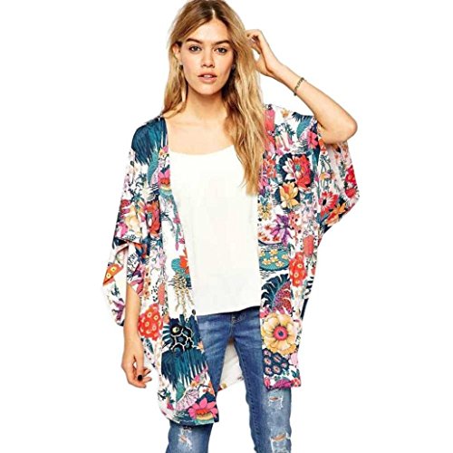 Preisvergleich Produktbild Xinan Damen Cardigan Floral Print Kimono Locker Chiffon Tops (S, Weiß)