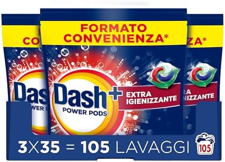 Dash Power Pods Detersivo Lavatrice In Capsule, 105 Lavaggi (3x35), Extra Igienizzante, Pulizia profonda contro sporco e batteri, Pulizia Impeccabile