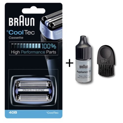Braun 40B CoolTec Replacement Foil & Cutter Cartridge for all Braun CoolTec Mens Shavers, Compatible with CT2CC, CT2S, CT4CC, CT5CC, Features Active Cooling Technology with Advanced 3-Stage Cutting System, and Senso-Blade Technology with Cleaning Brush and Oil