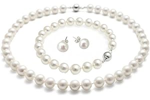 Treasure Bay AA Grade 8-9mm Pearl Necklace, Bracelet and Earrings Jewellery Set with Magnetic Clasps Choice of 17" 18" 20" Difference Lengths