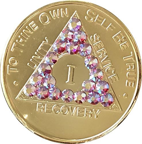 Pink Rose Swarovski Crystal AA Medallion Year 1 - 56 or Month 1 2 3 6 9 18 or 24 Hours Girly Girl Gold Plated Chip