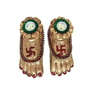 SHOPMEFAST Handmade Terracotta/Earthen Clay Ma Laxmi Charan Paduka Decorative Diya for Prosperity and Wealth for Diwali; Home Decoration (LxWxH 9.5x8x4 cm; Golden) -1 Pair