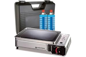KEMPER - Plancha gaz portable 2300W plaque anti adhésive + 2 cartouches de gaz camping + Valise de transport