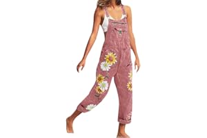 Onsoyours Jeanslatzhose Damen Latzhose Retro Jeanshose Trägerhose Hoseanzug Denim Blumen Overall Gerades Bein Lang Trägerhose Ärmellos Locker mit Taschen