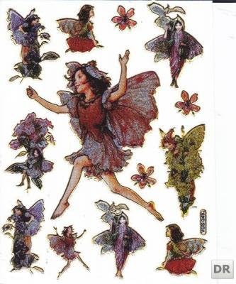 Pixie, fairy and flower stickers, 1 sheet with 13 stickers - 135 mm x 100 mm - metallic finish - arts and crafts, kids' party
