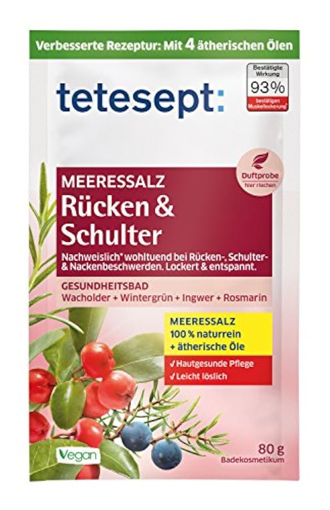 tetesept Meeressalz Badezusatz Rücken & Schulter – Badesalz mit ätherischen Ölen bei Schulter-, Nacken- und Rückenbeschwerden - lockernd, muskelentspannend – 10er Pack à 80 g