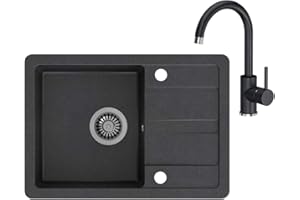 VBChome Lavello da incasso con rubinetto, nero, 62 x 44 cm, in granito, scolapiatti reversibili, lavello da cucina e sifone
