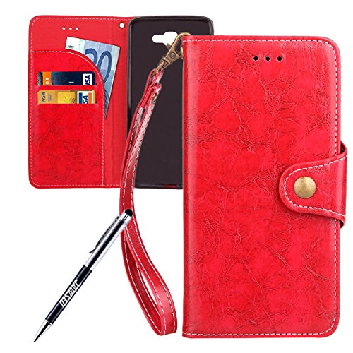 Galaxy J5 Prime Case, Galaxy J5 Prime Cover, JAWSEU [Shock-Absorption] Luxury Solid Retro Premium PU Leather Flip Cover for Samsung Galaxy ON5 2016 Protector Skin with Soft Silicone Case Credit ID Card Slots Magnetic Closure Kickstand Strap Phone Pouch Smartphone Shell Protective Wallet Case for Samsung Galaxy J5 Prime / Samsung Galaxy ON5 2016 + Stylus Pen - Red