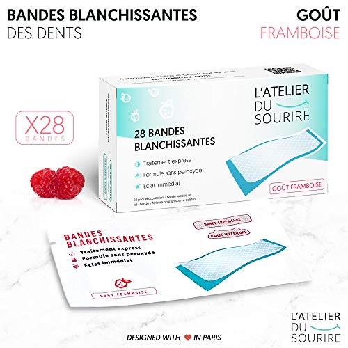 Bandes blanchissantes dents goût framboise - Solution dent blanche/White Teeth - 28 bande blanchiment dentaire (Traitement blanchiment dentaire 14 jours) - Blanchiment des dents L'Atelier du Sourire