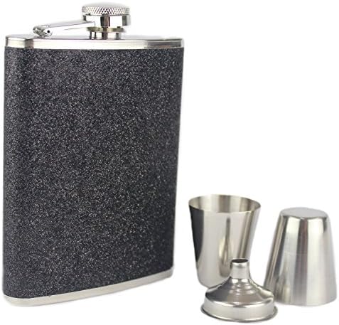 Prime Homewares Plain Glitter Hip Flask With 2 Cups & Funnel Hip Flask Set Gift Set (Black Glitter Set)