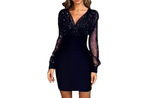 KBRPEY Mini Vestiti Maniche Lunghe Donna in Pizzo Abito a Vita Alta Abiti in Paillettes Abiti a Maniches-Lunghes Vestito da Cerimonia Donna Formale