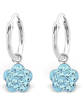 JAYARE Kinder-Creolen Blume Blüte 925 Sterling Silber Glitzer-Kristalle 20 x 8 mm aquamarin-blau Ohrringe