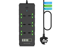 iBlockCube Universal Extension Lead with USB C Ports | Power Strip with Switch, 6 Way Outlets, 6 USB(3.1A, 2 Type C and 4 USB-A Port) | Surge Protection, 2 Meter Long Cord, Charging Hub UK Plug Socket