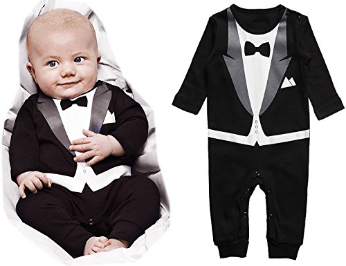 Lena-Gaga(TM) Aunt Baby Funny Clothes Outfits M9bb1v1 - Newborn Tiny Babes Evening Dress Style Open Crotch Long Sleeves Romper Onesie Jumpsuit, Black Tie, Infants Size For Boys Toddler 6-12 Months