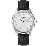 Männliche Uhr, analoge runde Quarz Lederband Datums Geschäfts Uhr Armbanduhr(White Dial Silver Case)