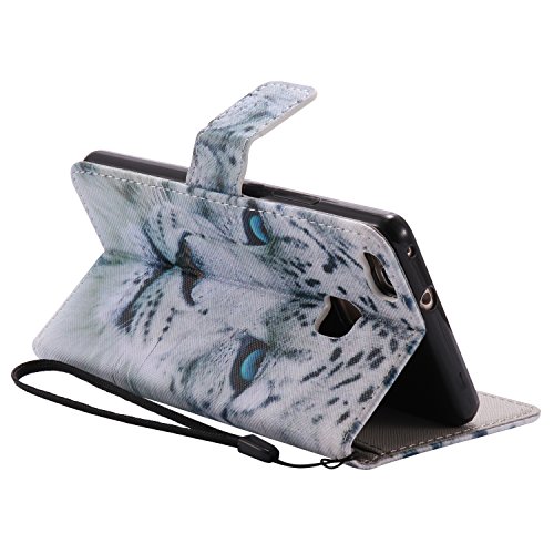 Feeltech HUAWEI P9 Lite Hülle PU-Leder und Brieftasche Bunte Muster Fall mit Magnetverschluss, Hybrid-Kickstand mit Stand-Funktion, schlagen Sie schützende weiche TPU Stoßstangenabdeckung und Kreditkartenhalter für HUAWEI P9 Lite Handgelenk Bügel-Buch-Art-Geldbeutel-Tasche mit 2 In 1 Berühren Sie Stift – White leopard - 4